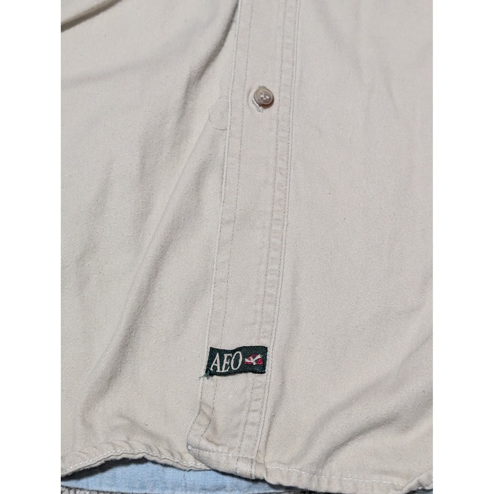 American Eagle Shirt Mens L Tan Blue Vintage 80s Two Tone Denim Canvas Workwear